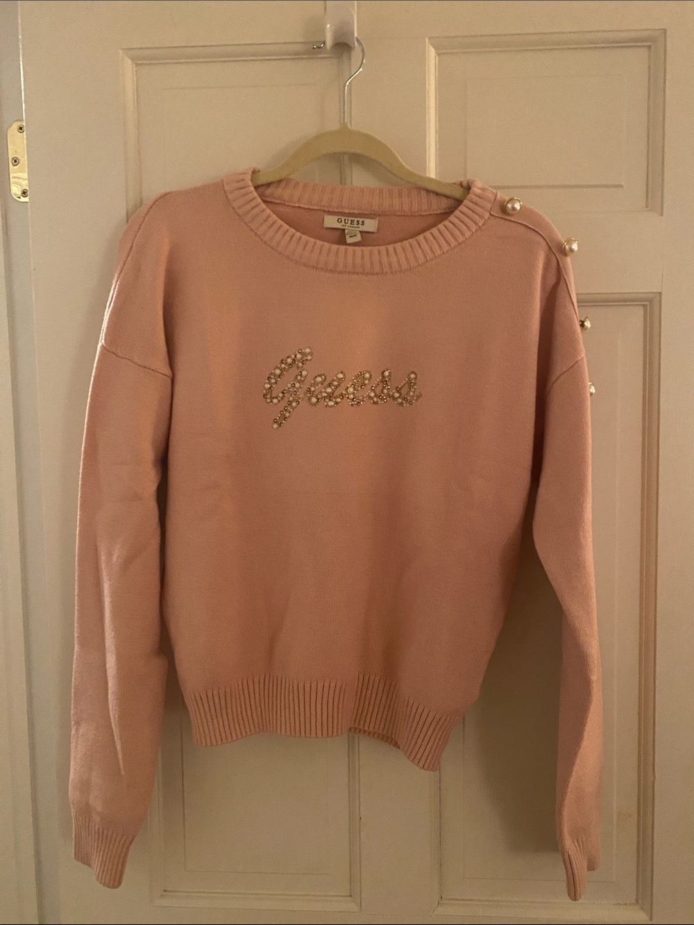 GUESS Blush Pink Pearl-Embellished Logo Crewneck Sweater